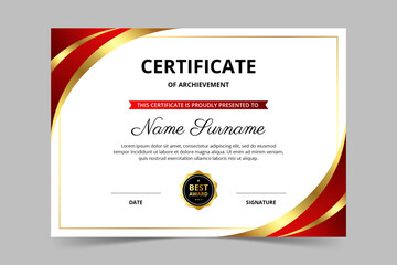 Modern elegant red and gold certificate template. Appreciation for business and education. Vector illustration
