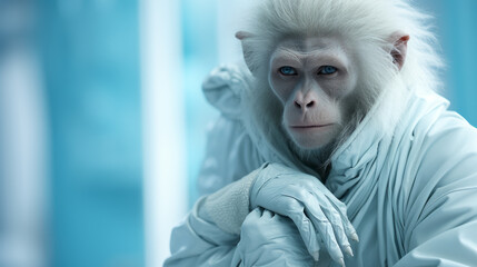 Astronaut monkey with white hair in space suit in a futuristic spaceship.