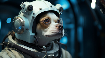 Fototapeta premium Dog in space suit in cosmic galaxy, fantasy astronaut in spaceship.