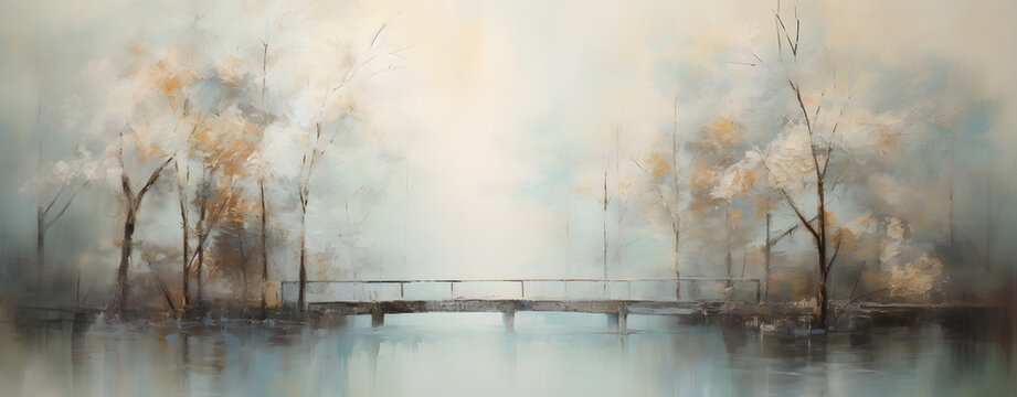 painting of forest landscape with dry trees beside old wooden bridge in autumn with fog background banner