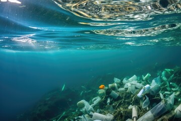 Naklejka na ściany i meble a sea full of plastic bottles and other debris