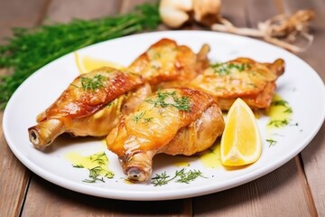 close-up of chicken legs with crispy skin and glossy garlic butter layer on white dishware