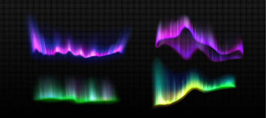 Northern aurora light and night polar borealis vector. Isolated transparent boreal with green and purple shine graphic overlay texture set. Lapland realistic gradient illustration with neon reflection © klyaksun