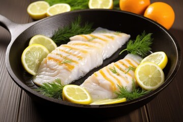 citrus marinated fish fillet in a frying pan