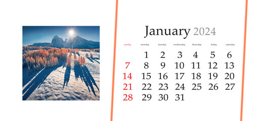 Set of horizontal flip calendars with amazing landscapes in minimal style. January 2024. Fantastic...