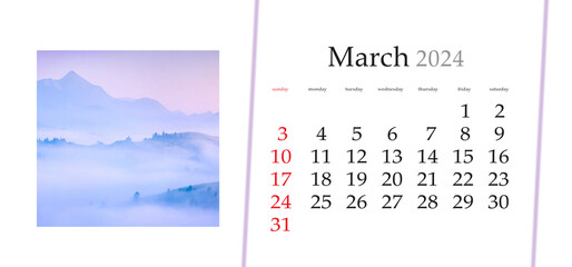 Set of horizontal flip calendars with amazing landscapes in minimal style. March 2024. Silhouettes...