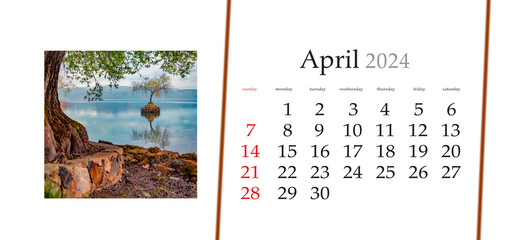 Set of horizontal flip calendars with amazing landscapes in minimal style. April 2024. Lonely...