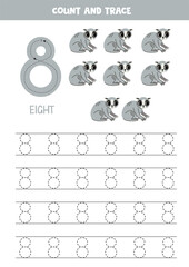 Trace numbers. Number 8 eight. Cute cartoon slow loris.