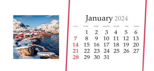 Set of horizontal flip calendars with amazing landscapes in minimal style. January 2024. Splendid...