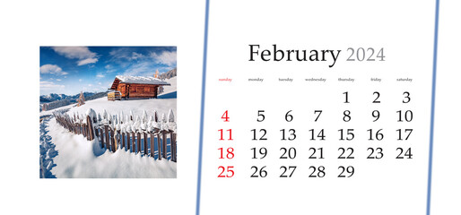 Set of horizontal flip calendars with amazing landscapes in minimal style. February 2024. Snowy winter scene of Dolomite Alps. Wooden chalet on hill of Alpe di Siusi village. Ski resort in Ityaly.