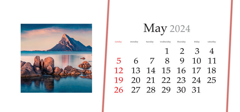 Set of horizontal flip calendars with amazing landscapes in minimal style. May 2024. Calm summer sunset on Porto Taverna beach with Tavolara mountain on background, Sardinia island, Italy, Europe.