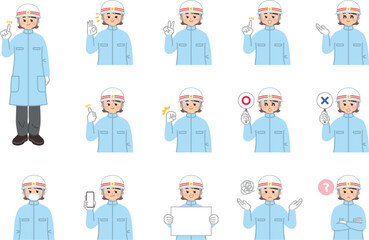 若い女性救急救命士　表情とジェスチャーのイラスト素材セット