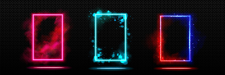 Neon lights doors set isolated on transparent background. Vector realistic illustration of red, turquoise, blue rectangle frame portals with smoke, sparkling, glow effects, magic gate, cyber teleport - obrazy, fototapety, plakaty