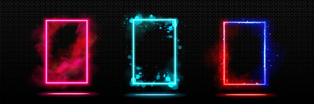 Neon lights doors set isolated on transparent background. Vector realistic illustration of red, turquoise, blue rectangle frame portals with smoke, sparkling, glow effects, magic gate, cyber teleport