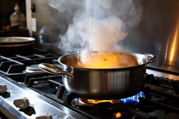 a boiling pot on the stove with steam rising