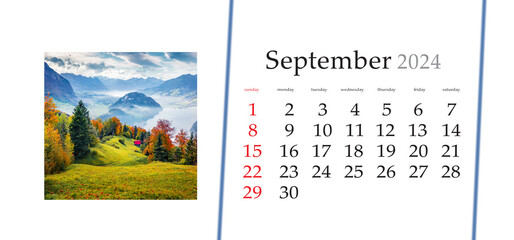 Set of horizontal flip calendars with amazing landscapes in minimal style. September 2024. Foggy morning view of outskirts of Stansstad town and Lucerne lake, Switzerland, Europe.