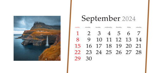 Set of horizontal flip calendars with amazing landscapes in minimal style. September 2024. Dramatic...