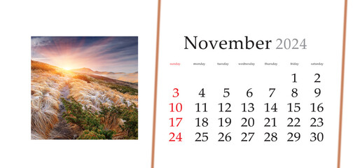 Set of horizontal flip calendars with amazing landscapes in minimal style. Nowember 2024. Beautiful autumn view of huge hoarfrost on the lush grass. Splendid sunrise in Carpathian mountains, Ukraine.