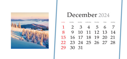 Set of horizontal flip calendars with amazing landscapes in minimal style. December 2024. First sunlight glowing mountain hills and valleys in Carpathians. Misty winter sunrise on mountain farm.