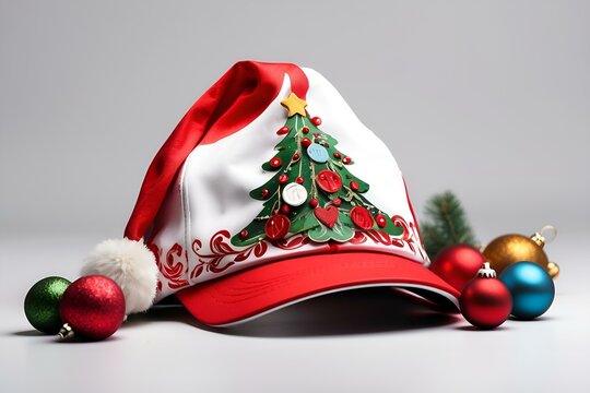 Christmas tree hat with baubles and Christmas cap with balls and white background with graphic designer ornaments