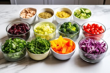 bowls of raw salad ingredients arranged for assembling
