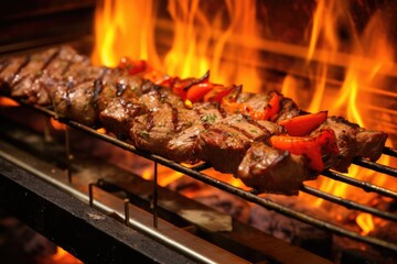 skewers of sizzling meat on a flaming grill
