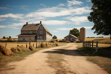 Obraz premium Rustic Farmstead. Quaint Farmhouse Surrounded by Fields and Barns