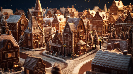 Gingerbread city concept. Illustration of small cartoon city. Snow covered town made from gingerbread. Happy Holidays with gingerbread houses. Space for text.  - obrazy, fototapety, plakaty