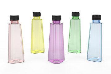 3D renderings of triangular beverage bottles in various colors