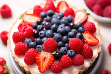 Obraz premium a fruit tart with engaged spelled in berries