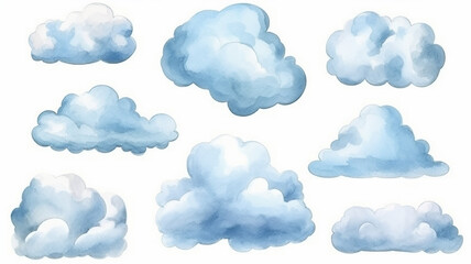 a set of watercolor painted clouds on a white background isolated.