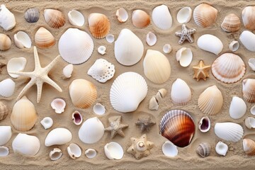 Fototapeta na wymiar collection of seashells spread over a sandy surface