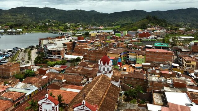 Aerial view over the Guatape Town, cloudy day in Antioquia, Colombia