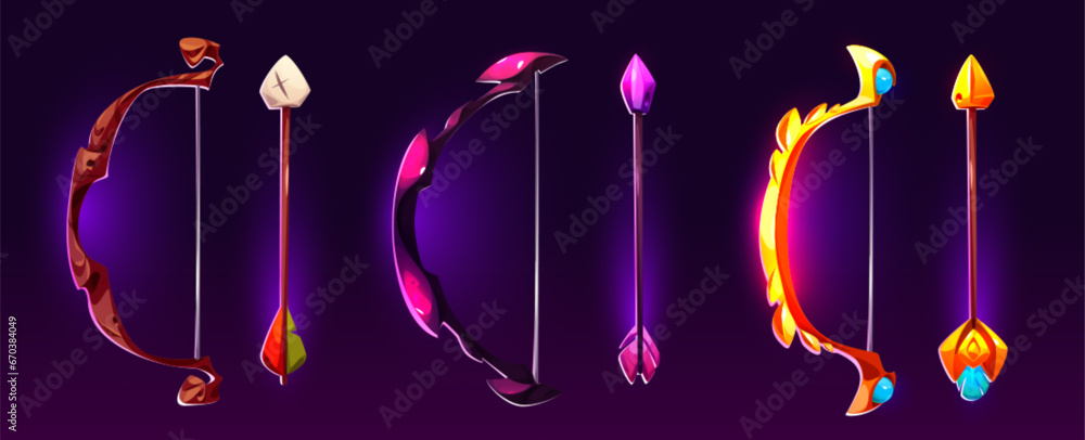 Poster bow and arrow with neon glowing decorative elements and magic powers for game levels or rank. cartoo