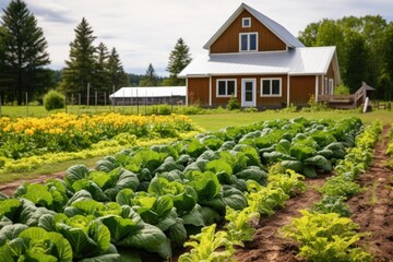 vegetables garden in front of farmhouse and barn