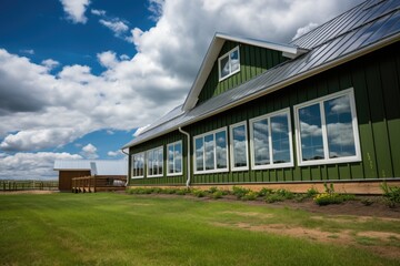 cloud reflections on the windows of a farmhouse with barn additions