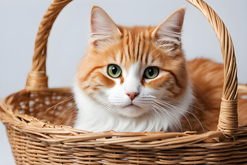 A kitten with cute green eyes is resting comfortably in a basket. It feels cozy on a white background.  Generative AI