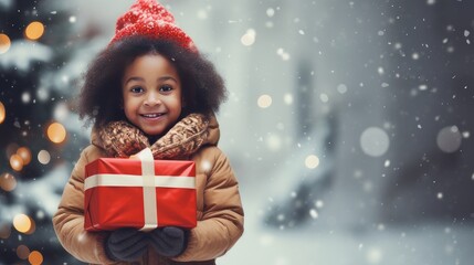 Pretty smiling African American girl, child in red jacket and hat holding Christmas gifts while standing against background of decorated Christmas tree outdoors on snowy day of winter holidays