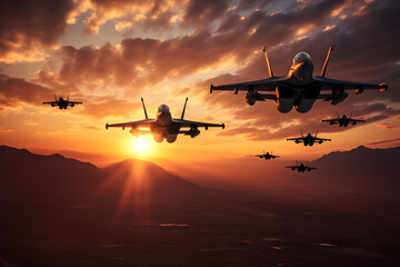 A Formation of Military Jets Soaring across the Sky - obrazy, fototapety, plakaty