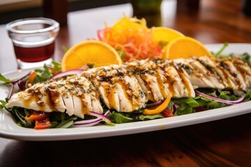 fish served over a salad, drizzled with a citrus glaze