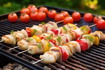 fish skewers with tomatoes and onions on a grill rack