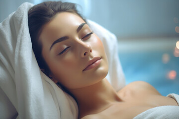 Fototapeta na wymiar woman in spa applying black or white face mask for skin treatment