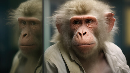 Reflective monkey in human modern attire.
