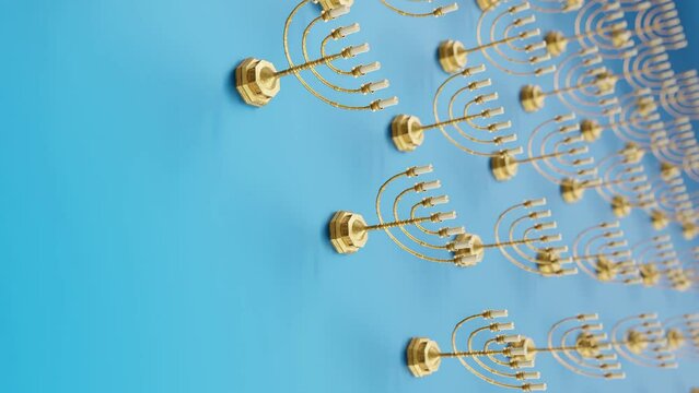 Golden Menorahs on a Vibrant blue Background vertical