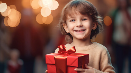 Fototapeta na wymiar Little cute child holding gift box with red ribbon and giving gifts at holiday event, new year and christmas