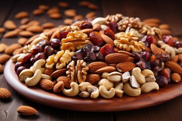 a plate full of tree nuts showing nuts allergy - obrazy, fototapety, plakaty