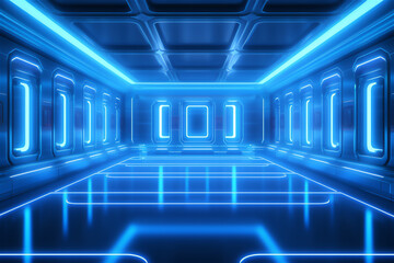 futuristic room filled with blue neon light