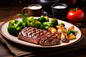 grilled steak on plate with vegetables