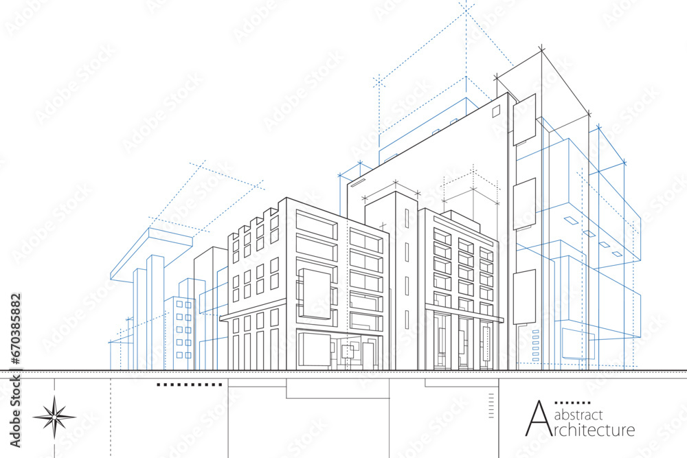 Poster 3D illustration abstract urban building out-line drawing of imagination architecture building construction design.
