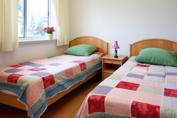two small, empty beds with identical bedding in a childrens room